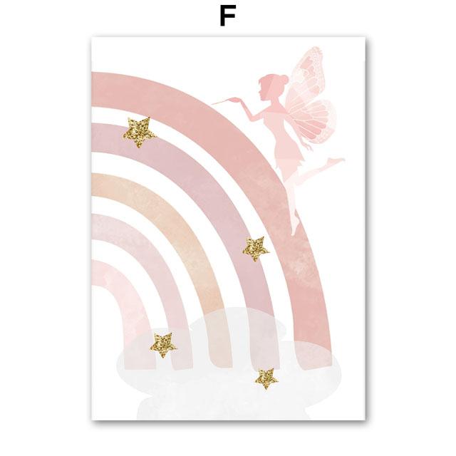 Ragazza Angelo Rosa Arcobaleno Arte da Parete Tela per Asilo Stampa Pittura Palloncino Nuvola Stella Animali Poster Immagini Decorazione Stanza Bambini