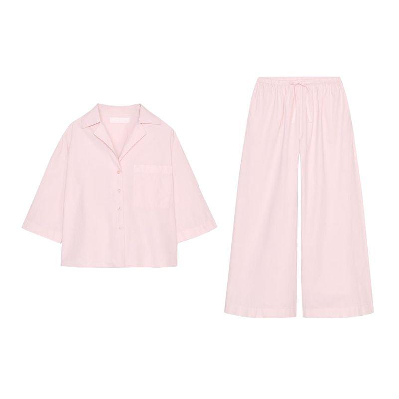 Cotton Blend Short Sleeve Lapel Short Shirt 2183062 Mid Waist Minimalist Wide Leg Casual Trousers 2183063