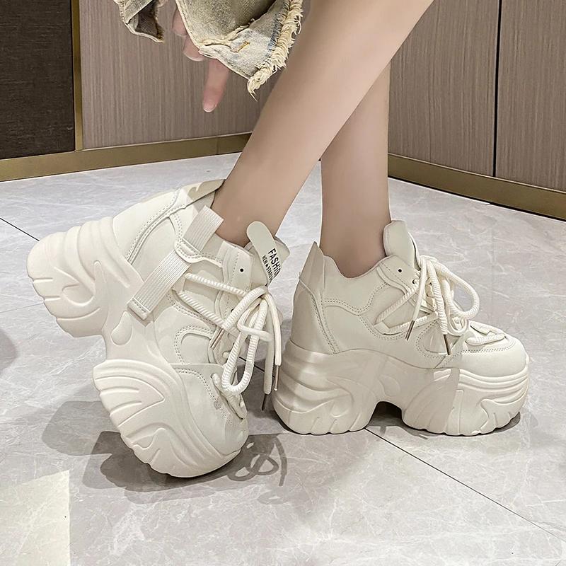 Fashion Women Walking Sneakers Autumn Lace-up High Platform Chunky Shoes Breathable Leather Shoes 10.5CM Winter Wedge Heels Casual Shoes