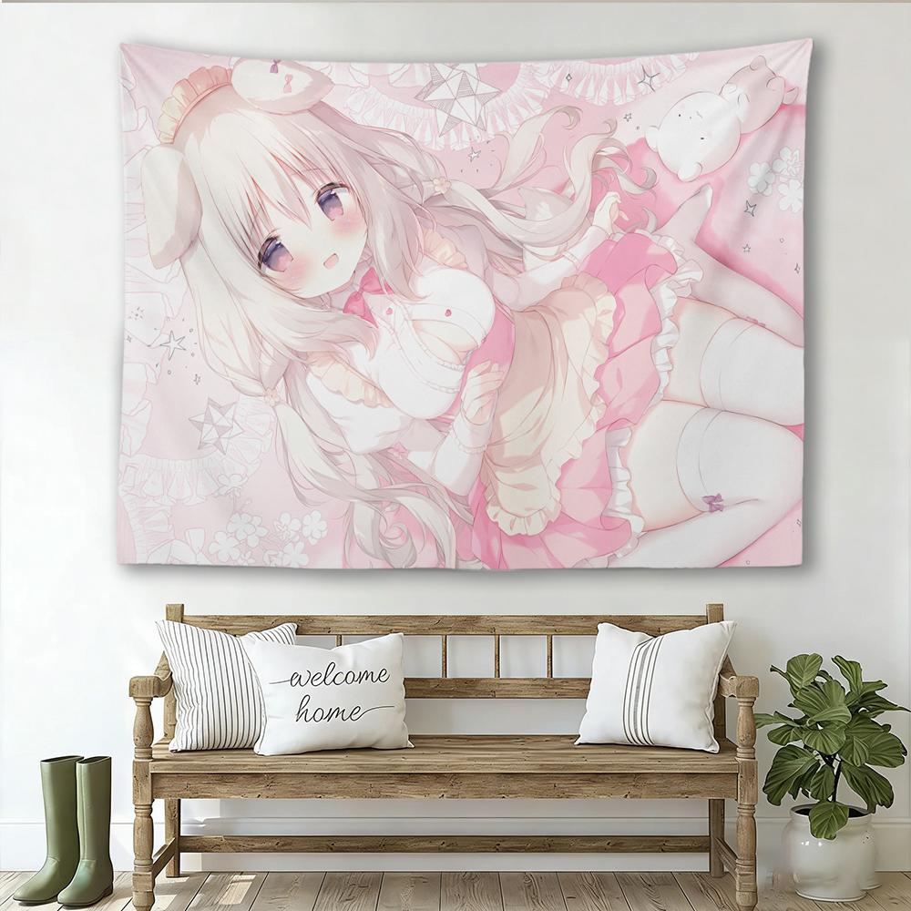 Kawaii Neko Girl Anime Tapestry Pastel Pink Cute Cat Girl Wall Hanging Sweet Lolita Bedroom Dorm Decor for Fans