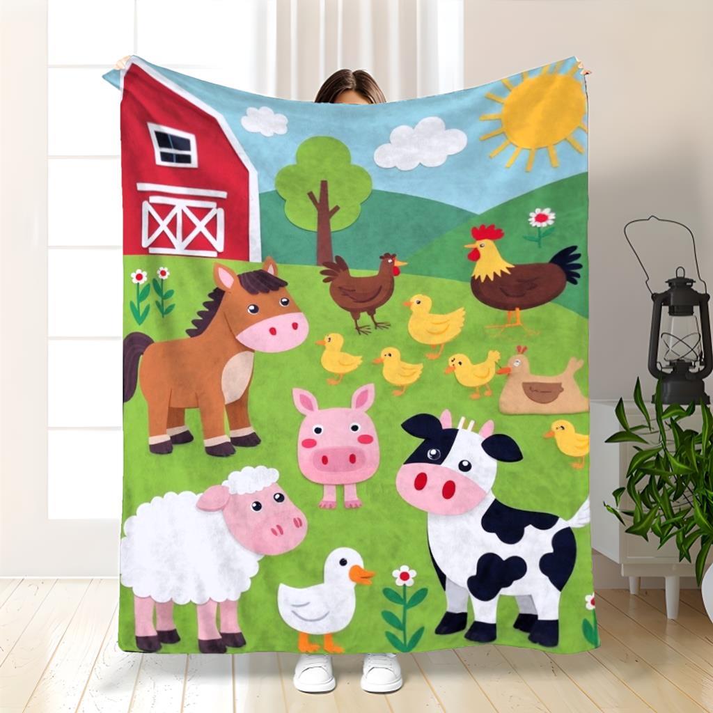 Coperta in Flanella Jumbo Grande con Stampa di Animali della Fattoria, Morbido Copriletto Accogliente con Design Pastorale di Stalla e Mucche, Decorazione da Viaggio Amica degli Animali