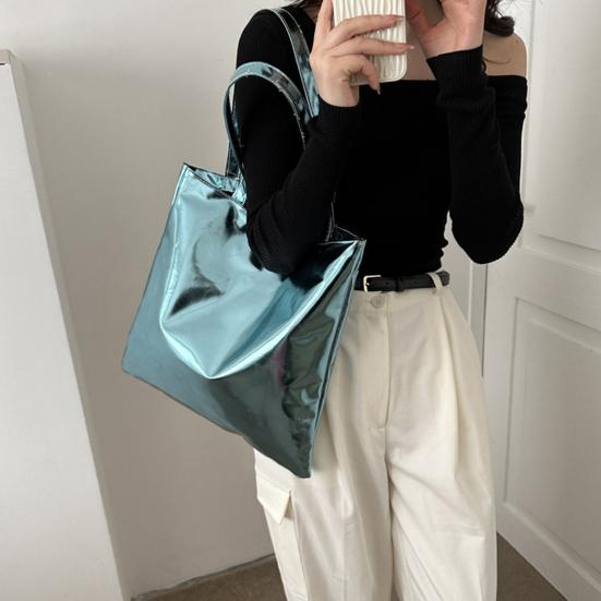 Glossy Tote Bag Women Shiny Solid Color Shoulder Bag High Capacity Faux Leather Handbag for Date Street Party Shopping