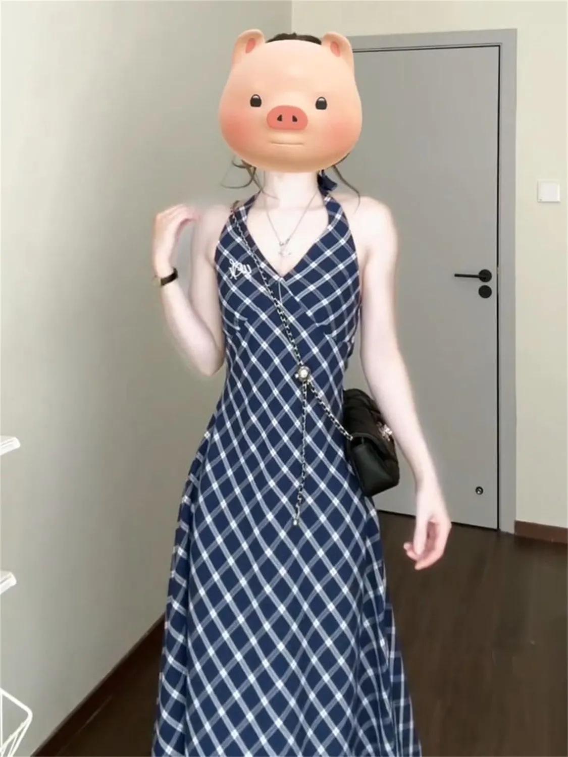 

Платье-сарафан миди с французским клетчатым принтом, приталенное, для миниатюрных женщин, 2025 S Premium синий