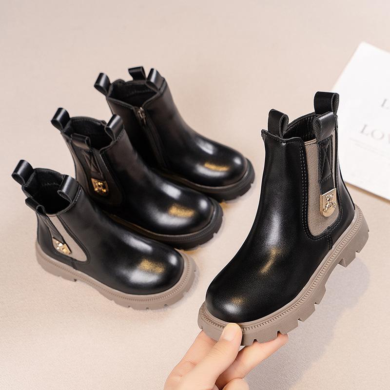 Girls' Martin Boots Autumn and Winter New Children's Boots British Style Big Children's Short Boots Girls' Stylish Leather Boots