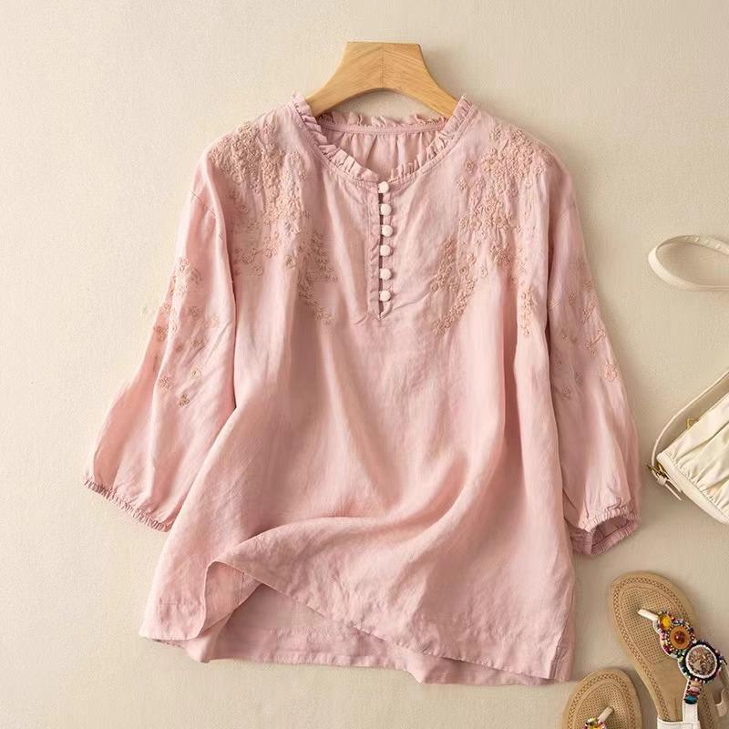 Southeast Asia Retro Embroidered Cotton-Linen Two-Piece Set: Seven-Sleeve Shirt & Wide-Leg Pants