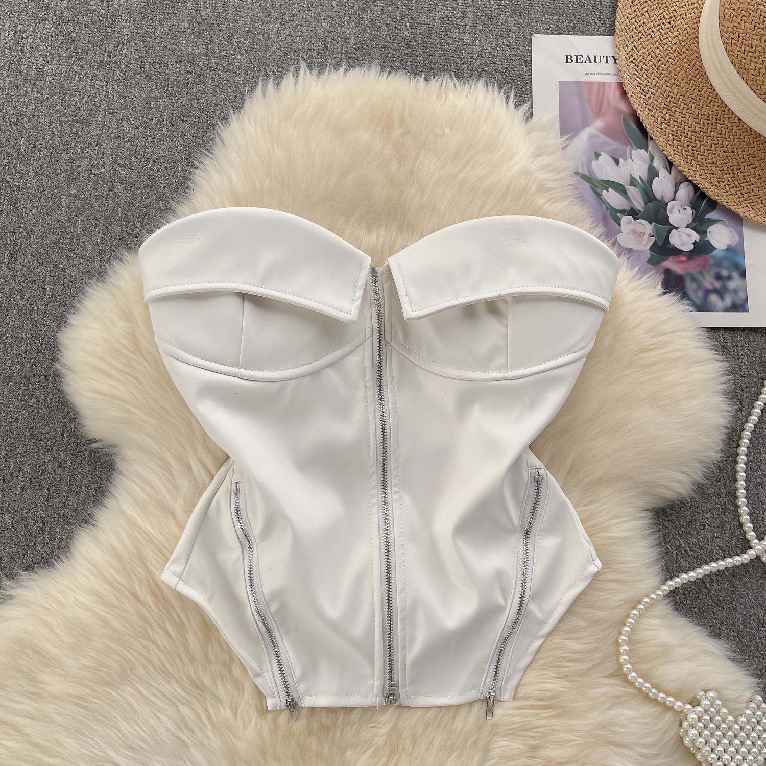 

Без бретелек PU кожаный короткий топ модный на молнии тонкий шикарный топ с открытой спиной женская уличная одежда клуб сексуальный One Size белый