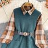 Autumn/winter Fashion Suit Western Style Plaid Shirt + Sweater Vest Knit Two-piece Set