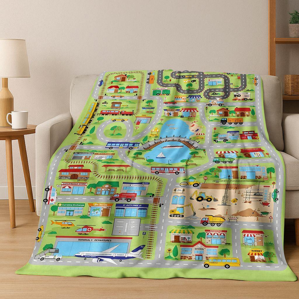 Dětská městská silniční doprava Učící hra Flanelová deka, Útulná měkká přehozová deka na doma do ložnice postele pohovky Kryt Dárek pro děti