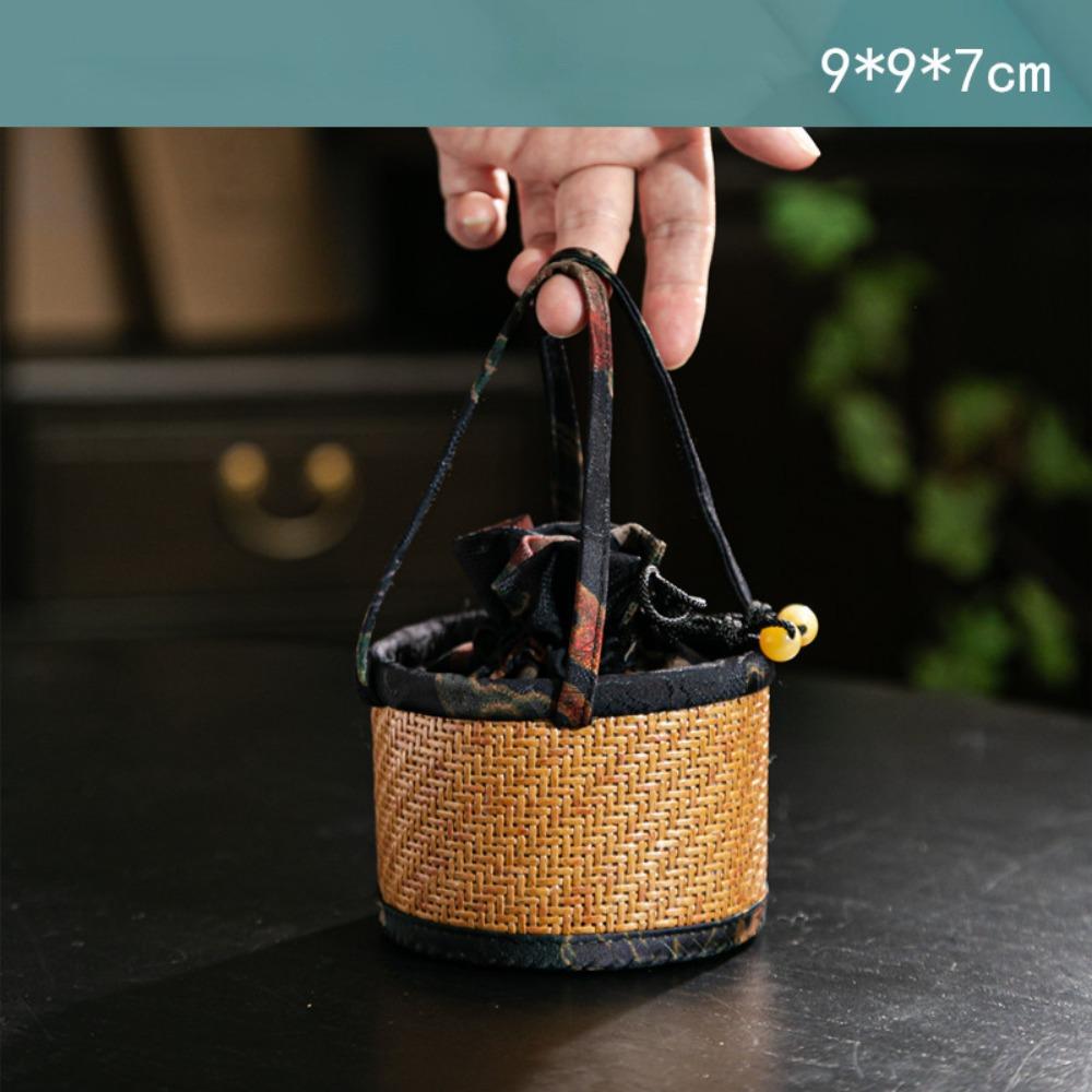 Handmade Spliced Drawstring Pocket with Handle Teapot Bag Rattan Pattern Storage Bag  For Small Cup