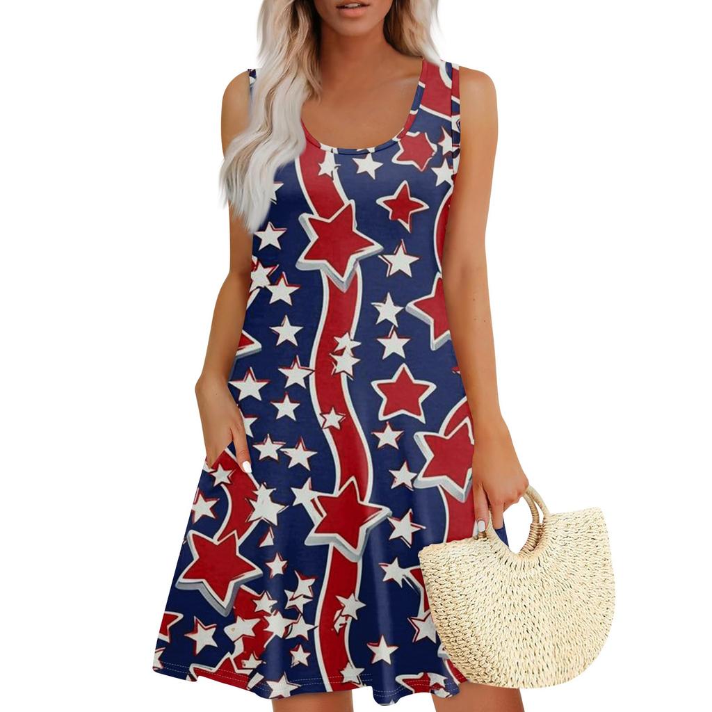 Women's Summer Casual Square Neck Independence Day Printed Dress Sleeveless Dress With Pockets