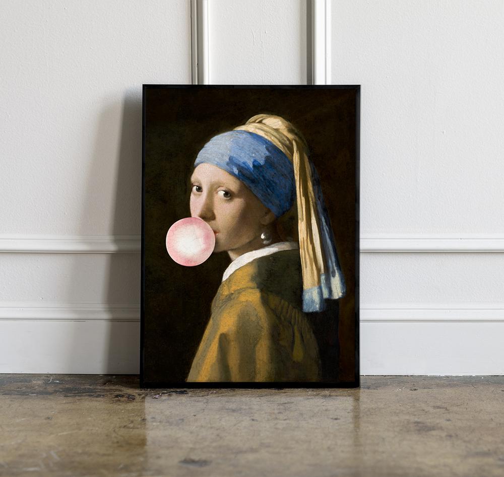 Poster Mädchen mit Ballon Vermeer in schwarzem Rahmen 