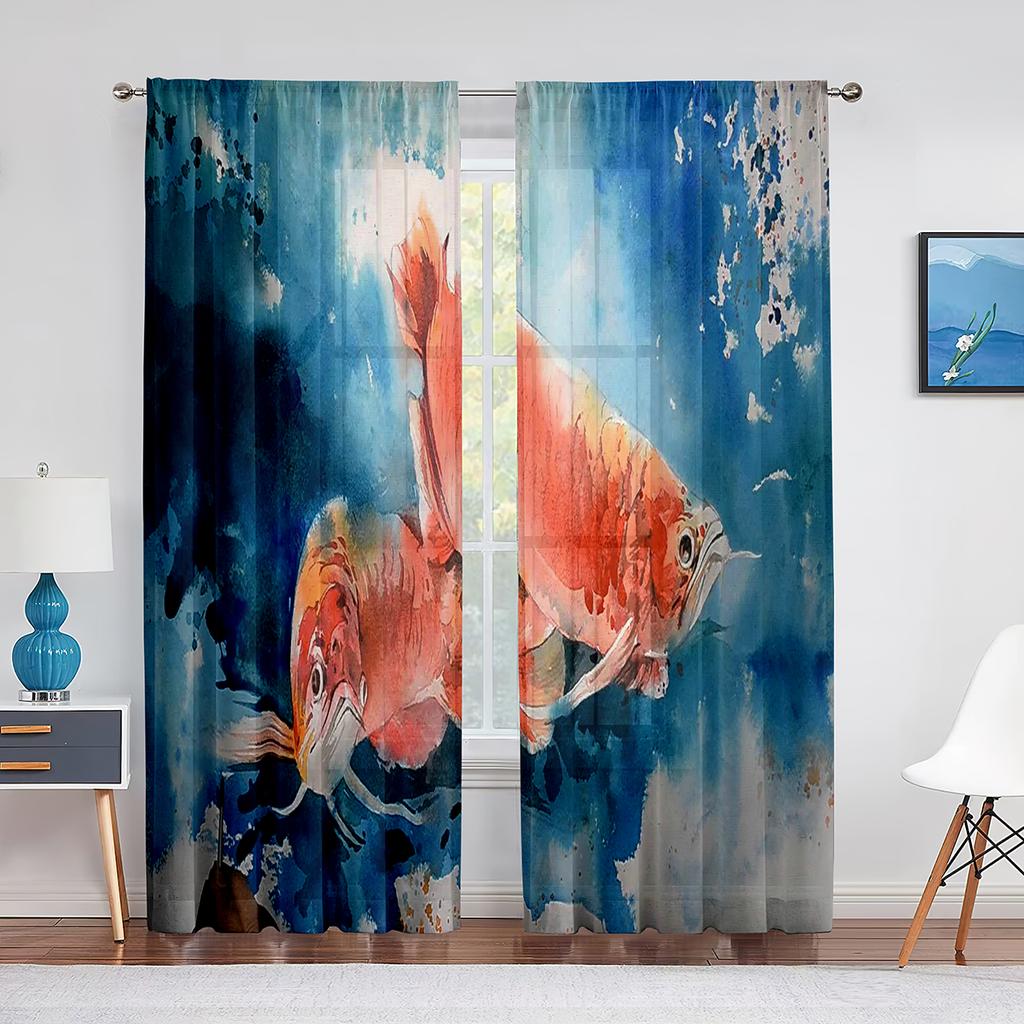 Koi Fish Ink Painting Goldfish Sheer Voile Curtains Window Treatment Chiffon Tulle Curtain for Kitchen Living Room Bedroom Drape