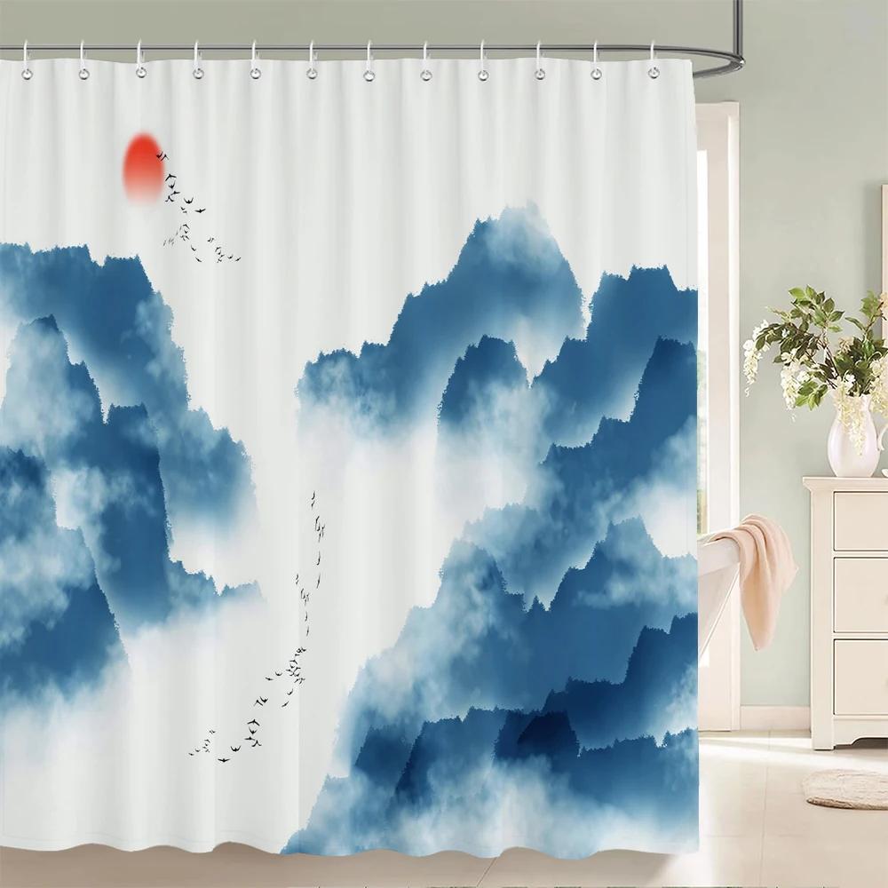 Chinese Ink Painting Landscape Bath Curtain Waterproof Shower Curtains Marble Pattern Bath Screen Printed Curtain for Bathroom