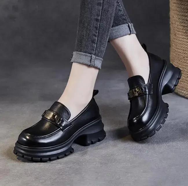 6CM Genuine Cow Leather Loafers Women 2024 Autumn New Design Pumps Round Toe Metal Thick High Heel Chunky Platform Shoes