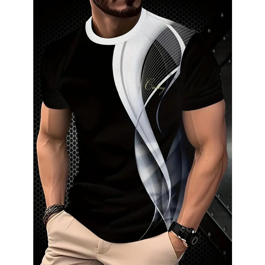 Men Casual Graphic T-Shirt - Black & White Abstract Design, Short Sleeve, Round Neck  Stretchy Summer, Streetwear Style, Everyday Comfort Tee