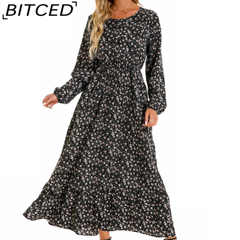 BITCED Spring Summer Bohemian Women Maxi Dress Casual Long Sleeve High Waist Beach Dress Women Floral Chiffon Dresses Vestidoes Mujer New
