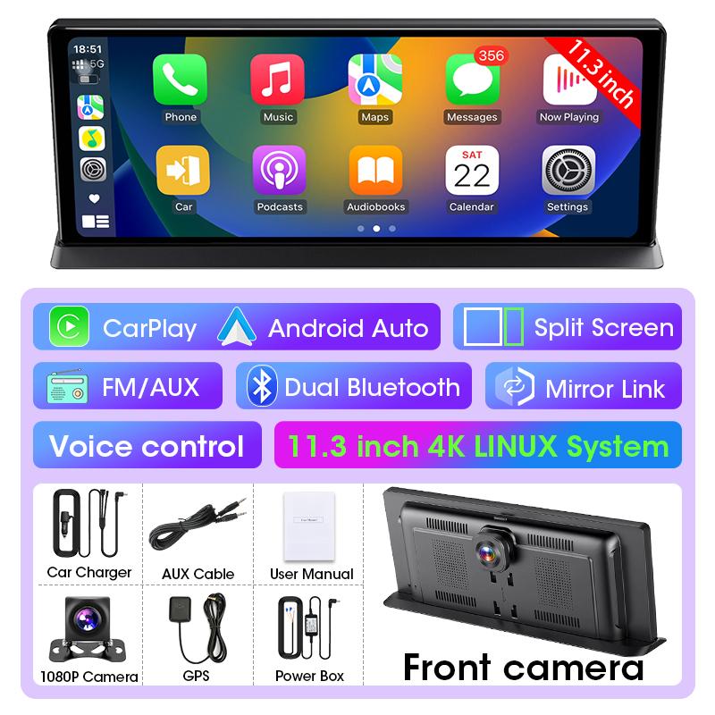 11.3" 4K Car DVR Wireless Carplay Android auto Ai Screen Dash Cam Dual Lens Video Recorder Navigation GPS 1080P Mirror Monitor