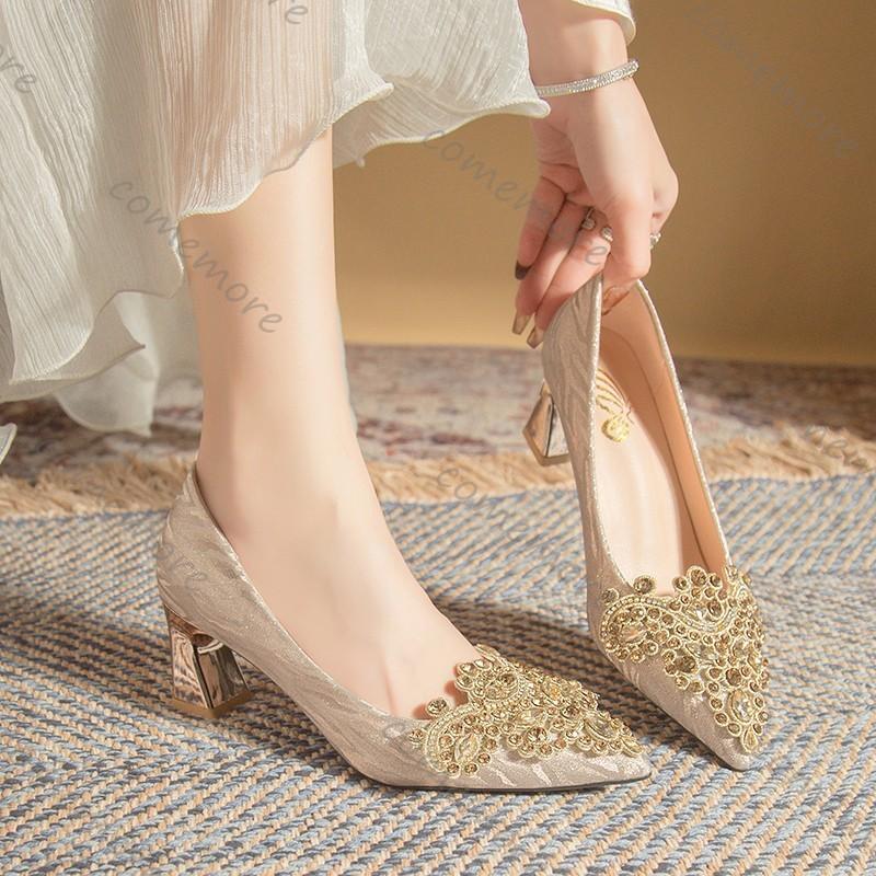 Fashion Comemore High Heel Women's Shoes Temperament Spring Autumn Crystal Silver Champagne Pointed Toe Pumps for Women Party Dress Shoe