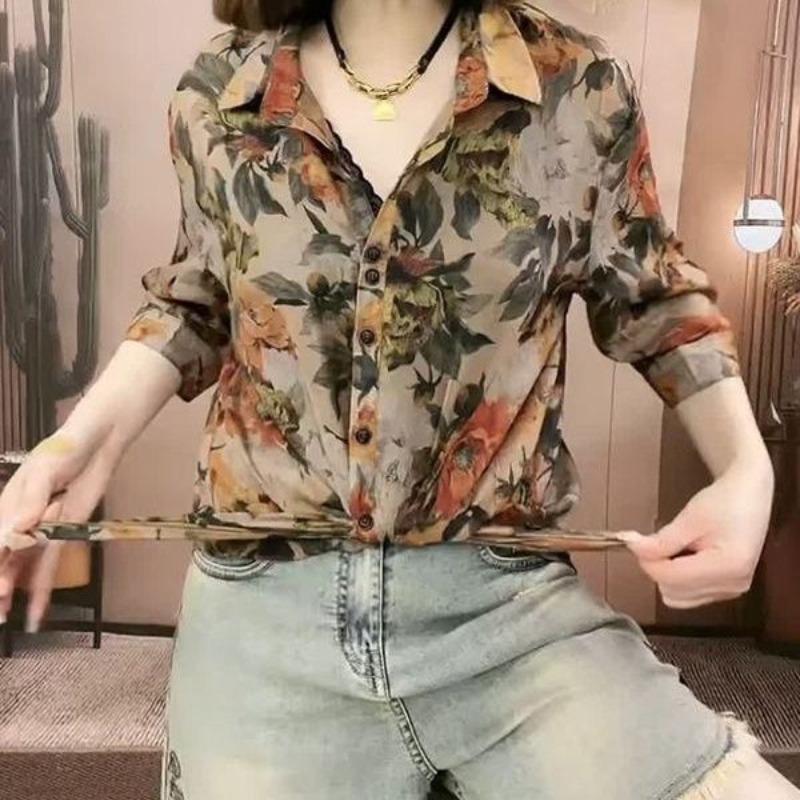 Fashionable Retro Printed Chiffon Blouses 2024 Summer New Women's Polo Neck Button Loose Simple Commute 3/4 Sleeve Shirts Tops