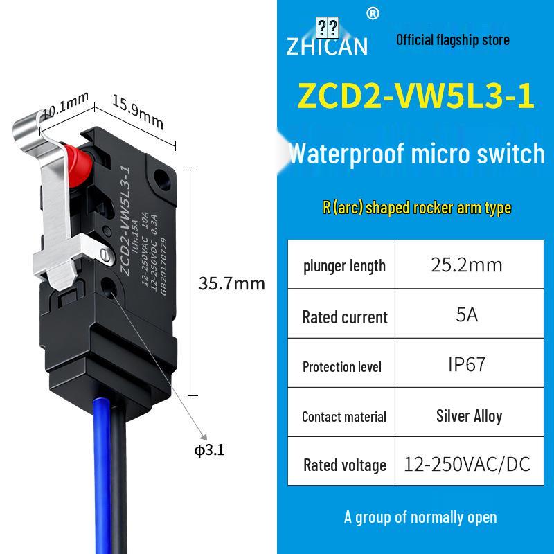 IP67 Waterproof Micro Switch, 5L1B/5L2A/5L3 Models, Straight Lever Roller, 1 NO/1 NC Limit Switch.