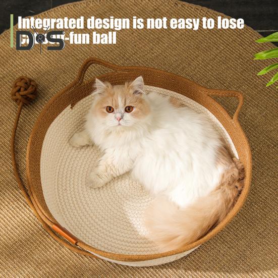 Cesta de corda trançada para gatos, cama de gato trançada à mão, tapete arranhador interativo para gatos com bola de brincar para gatos e filhotes de coelho dentro de casa