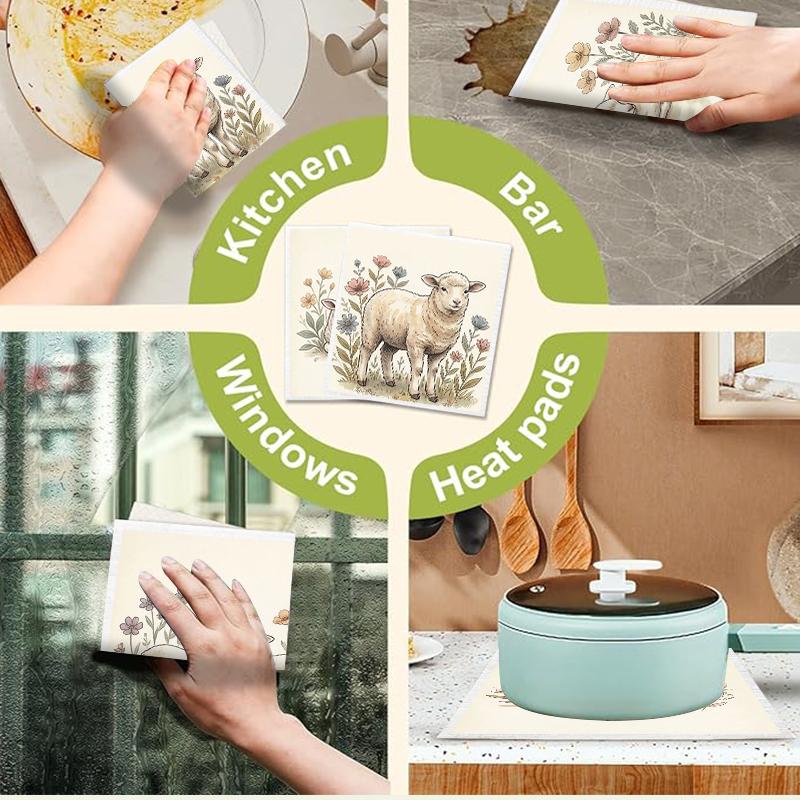 6PCS Kitchen Dishcloths Reusable Cleaning Dish Towels Absorbent Lint Free Cloth Washable Duster Rags Tea Towels Sheep Pattern Dishcloth