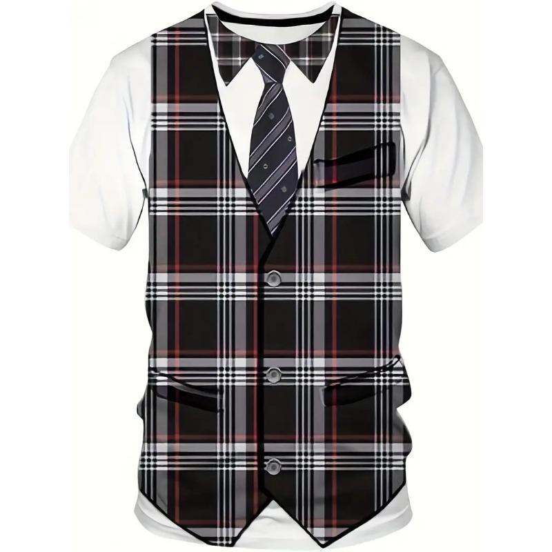Men's Casual Suit Tie Print T-Shirt Tops Short Sleeve Crew Neck Men's Round Neck T-shirts New In Mens Cosplay Party Tee Shirts