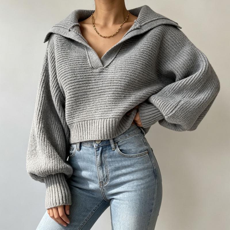 2026 Autumn/Winter Women's Solid Color Knit Lapel Pullover Sweater Loose Outerwear