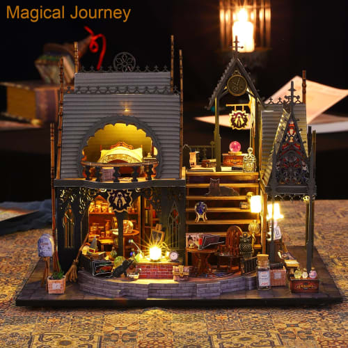 Spilay DIY Wooden Dollhouse Model Castle Building Scenery, Miniature Dollhouse DIY Kit Set for Beginners - (Magic House) + LED Light, Dustproof Cover