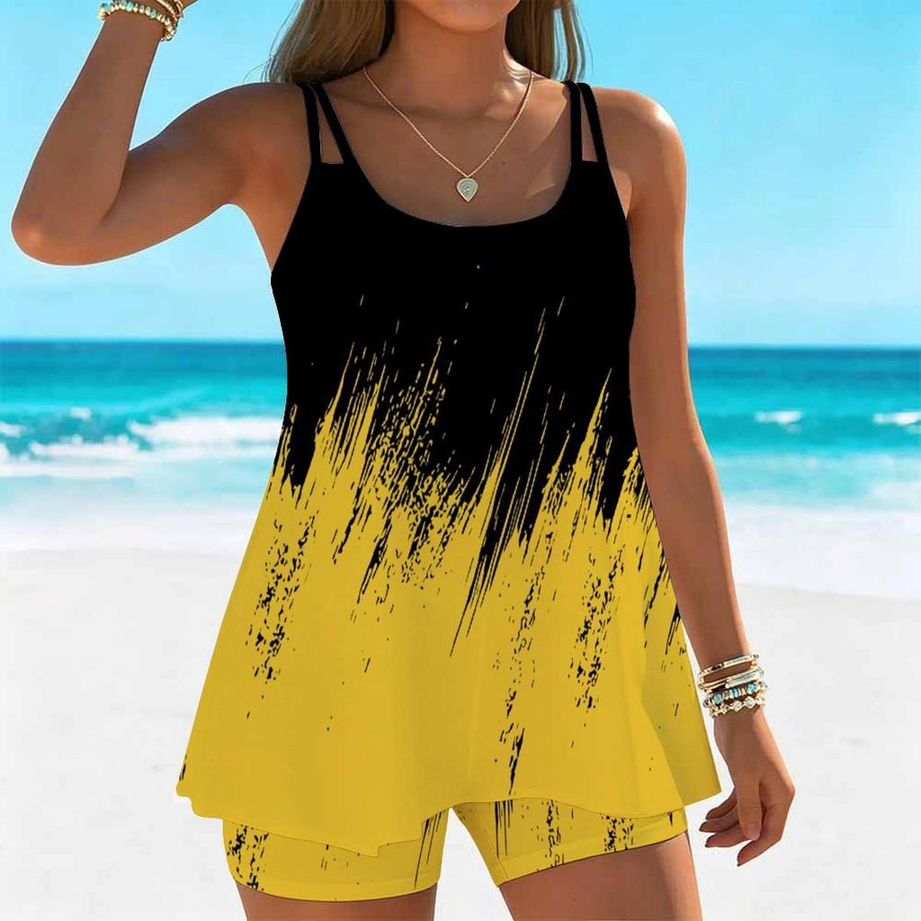 Women's Swimwear Tankini 2 Piece Swimsuit Vertical Ink Splatter Vacation Bathing Suits