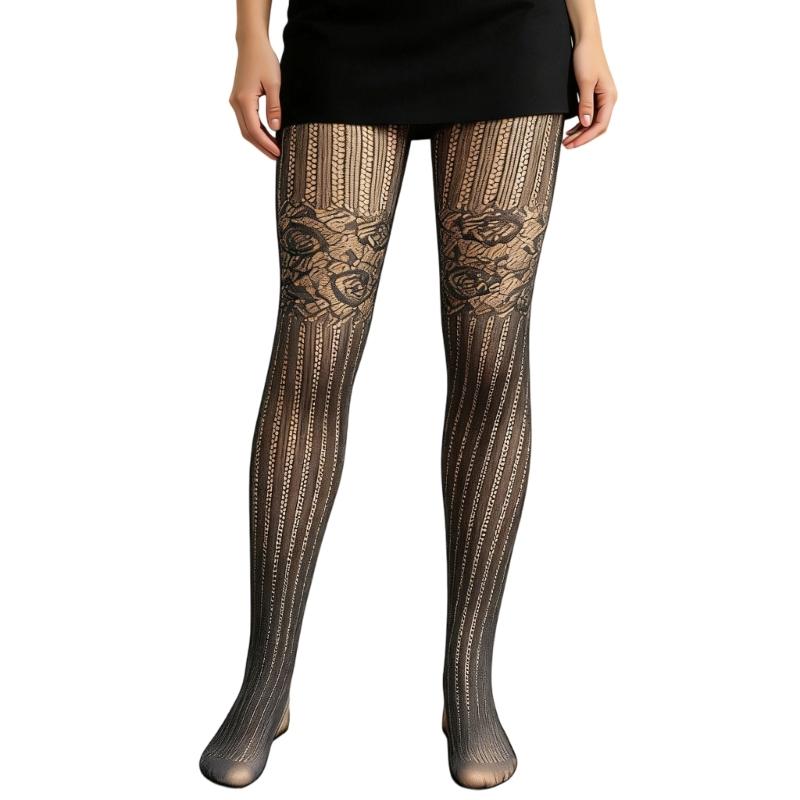 Womens Aesthetic Geometric Floral Patterned Lace Pantyhose Sheer Fishnet Tights Stockings Mesh Leggings for Casual Wear