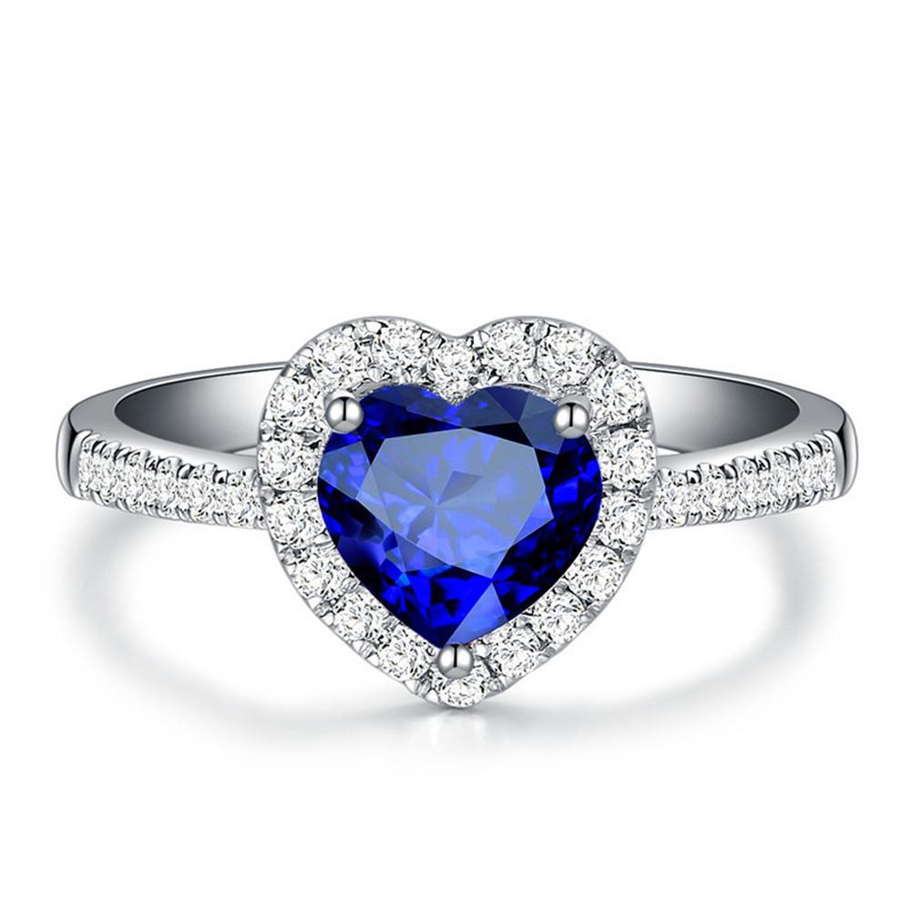 Sapphire Gemstones Blue Crystal Rings for Women Love Heart White Gold Silver Color Zircon Diamonds Jewelry Bijoux Bague Gift