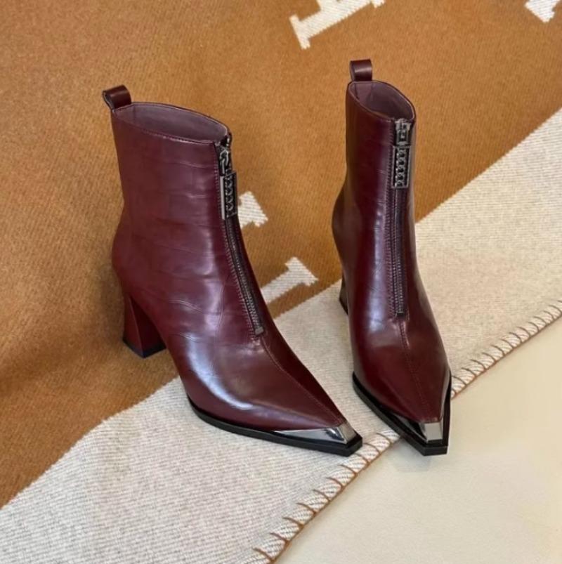 Fashion 2025 New Women's Leather Pointed Toe Ankle Boots High Heel Zipper Metal Fashion for Autumn Winter Shoes Fashion Sexy Party
