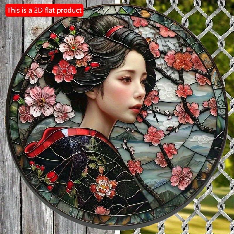 2d Flat 20*20cm, Round Wooden Sign, Wreath Decorative Sign, Bedroom Decoration Gifts, Japanese Kimono Theme, for Bar, Club, Home Wall Decor.