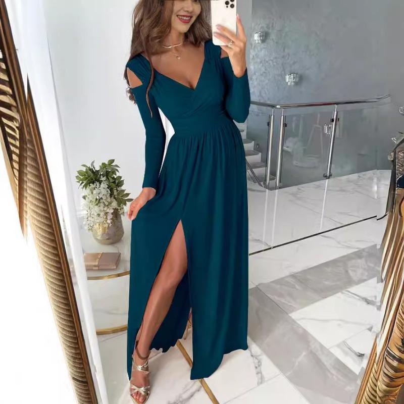 Women Casual Long Sleeve V Neck Solid Color Irregular Slit Hem Long Dress