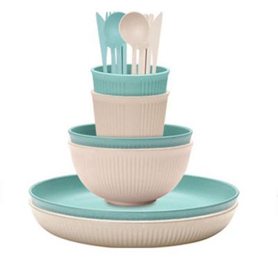 14pcs Portable Travel Plastic Plates and Bowl Cutlery Set Food Grade Vertical Reusable Dishes Set for Picnic, Camping Trips, Dormitory,School