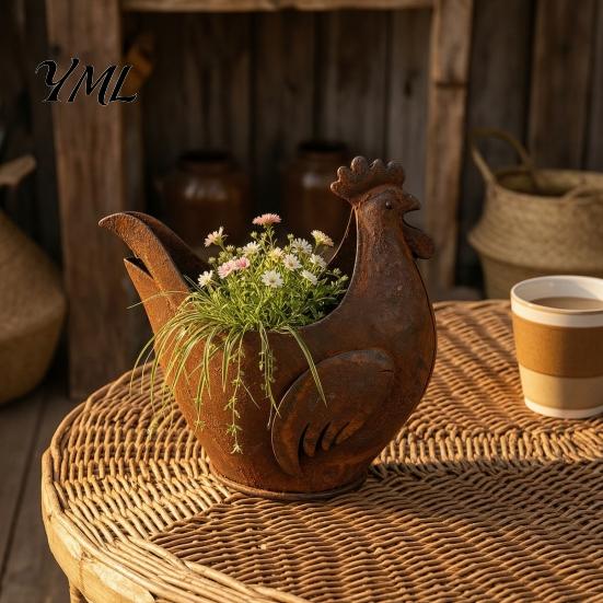 Artistic Metal Rooster Garden Decor Rustic Ornament, Weather Resistant Flowerpot, Sculpture Unique Silhouette for Outdoor Yard Lawn Decor, Retro