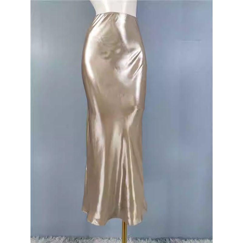 Export Single H Home High Waist Slim Looking Beautiful Sheath A- line Bright Silk Elegant Stylish Shiny Midi Skirt Mermaid Dress