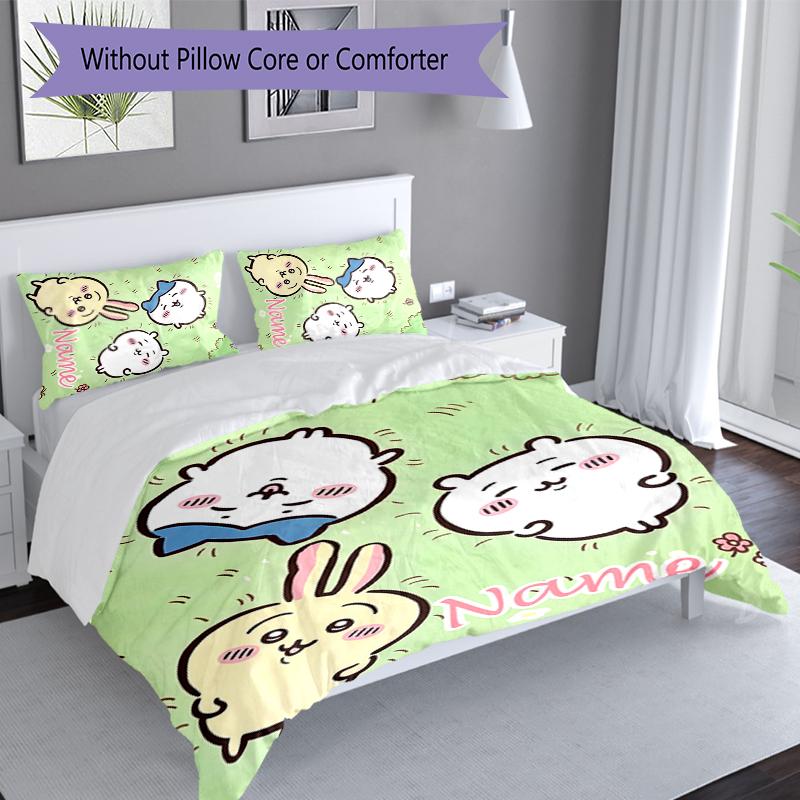 3pcs Custom Name Chiikawa Set,Includes 1 Duvet Cover and 2 Pillowcases,All-season Bedroom Decor