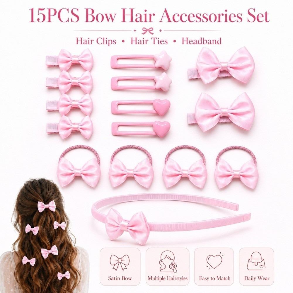 15Pcs/Set Lightweight Bow Hair Accessories Set Colorful Bow Hair Ties New Bow Headband Girls Gifts