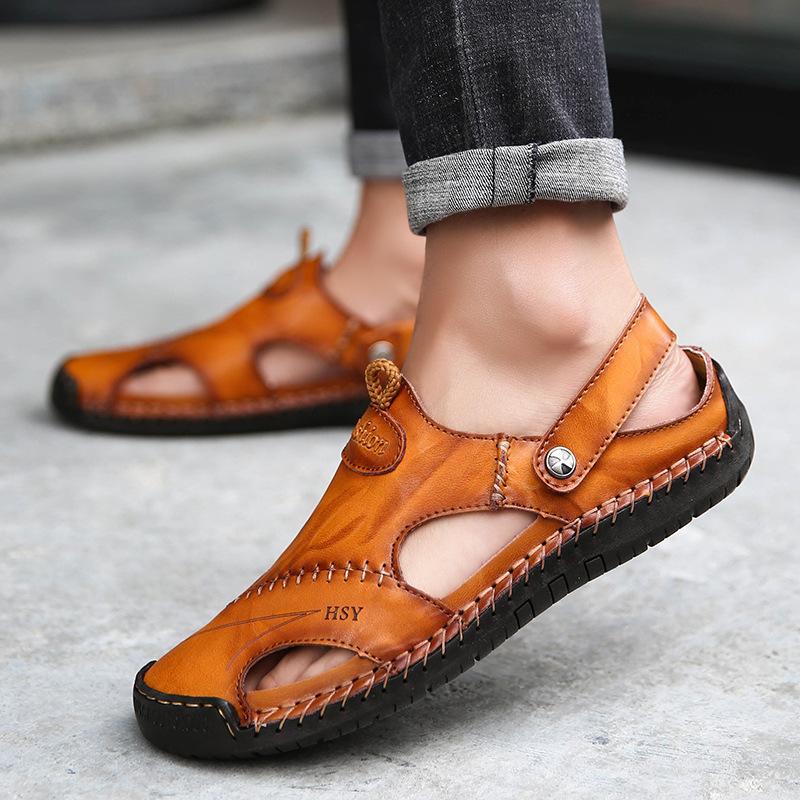 

Men s sandals men s 2024 summer new bag head leather sandals men s trendy beach shoes casual large size 4748 hole shoes 48