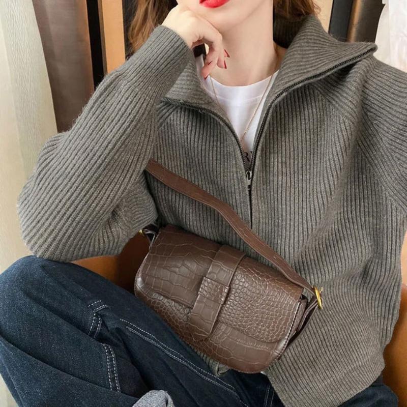 Casual Knitted Cardigan Sweaters Women Autumn Winter Vintage Zip-up Solid Loose Long Sleeve Tops Knitwear Chic Kpop