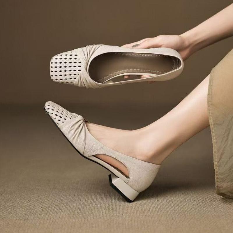 Women's  Sweet Bowtie Decoration Hollow-out Slip-on Summer Pumps Thick Med Heel OL Style Daily Dress Heels Shoes