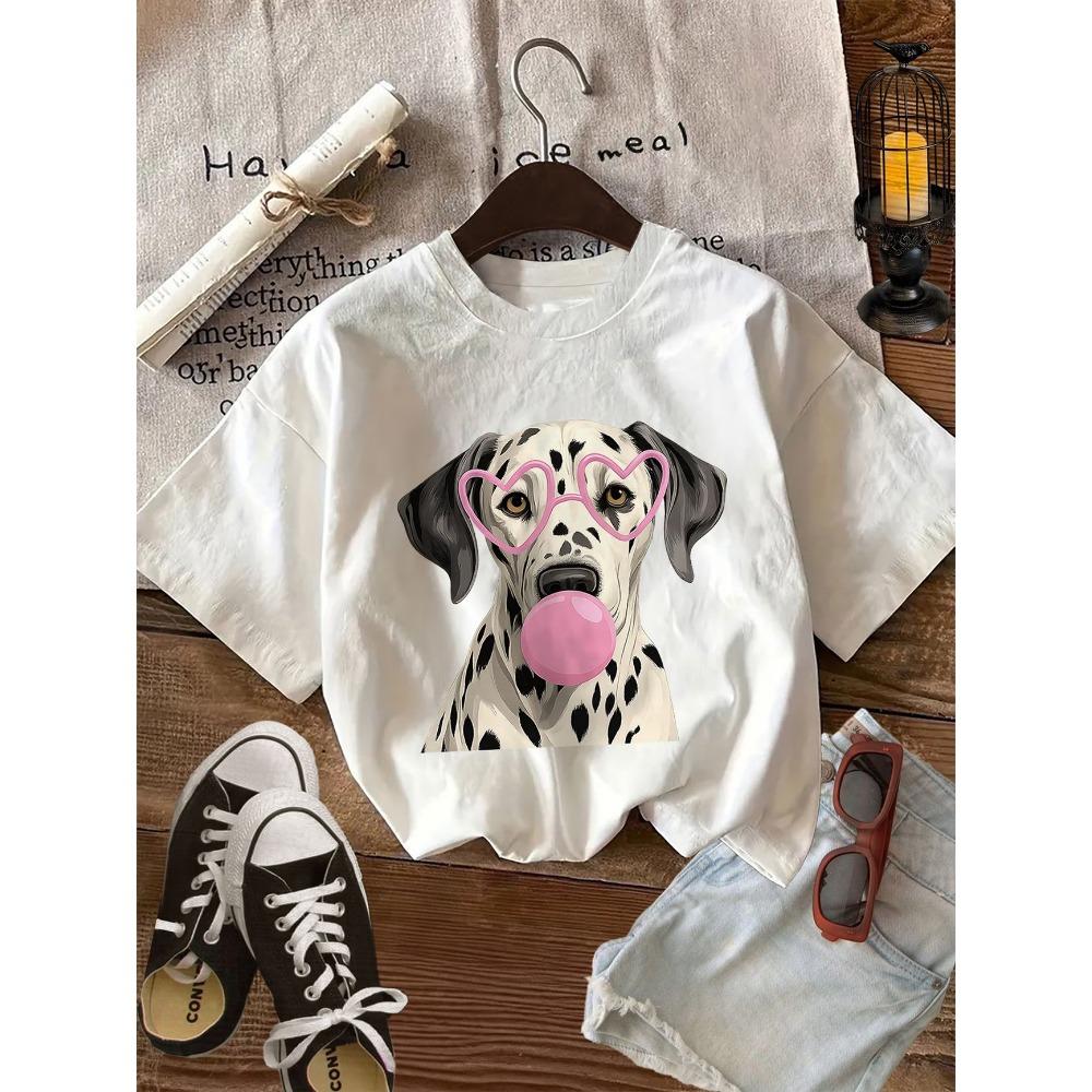 Funny Dalmatian Dog Graphic T-Shirt Cute Pink Bubble Gum Heart Glasses Tee Summer Harajuku Tops Women Men M