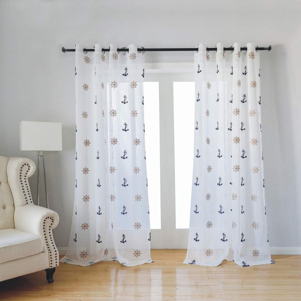 Taisier Home Window Treatments Sheer Curtains Draperies with Nautical Anchor for Living Room/Bedroom/Nursery Sliding Glass Door Ring Top