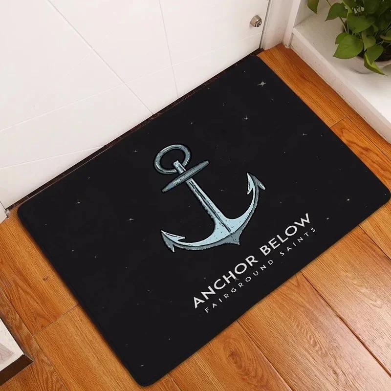 1Pc White Anchor & Navy Blue Nautical Washable Door Mat Non Slip Entrance Floor Carpet Easy To Clean Hallway Bath Kitchen Rug