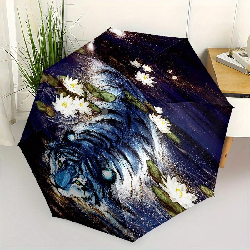 

Tiger Lotus Theme 8 Bone Hand Automatic Folding Fashion umbrella, Compact and Portable Design, A Perfect Gift for Birthday, Christmas or Bus