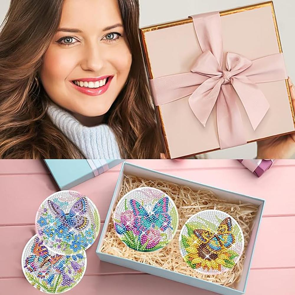 8 Stück/Set Untersetzer mit Diamant-Schmetterlingsmuster, DIY-Untersetzer mit Halter, Geeignet für Anfänger und Erwachsene, Kunst- und Handwerksbedarf Geschenke