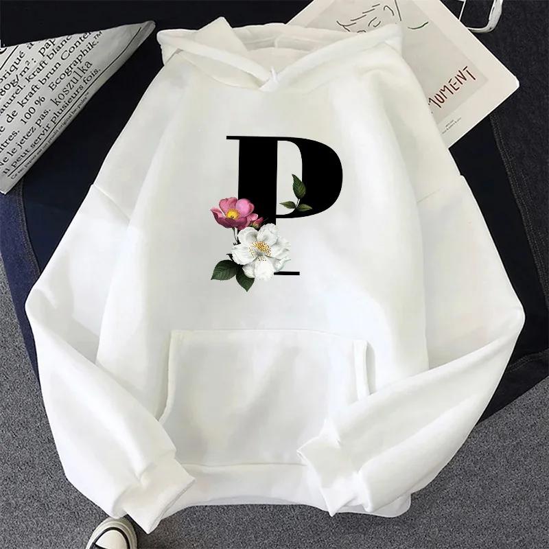 Letter A-Z Printed Womens Hoodies Casual Sweatshirts Sportswear Outdoors Sports Jogging Woman Clothing White Fashion Street Tops