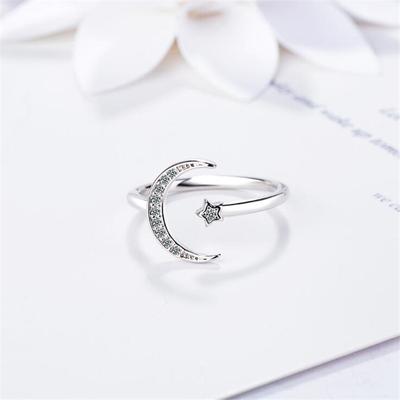 New Fashion Exquisite Temperament 925 Sterling Silver Jewelry Not Allergic Moon And Star Crystal Opening Rings  R223